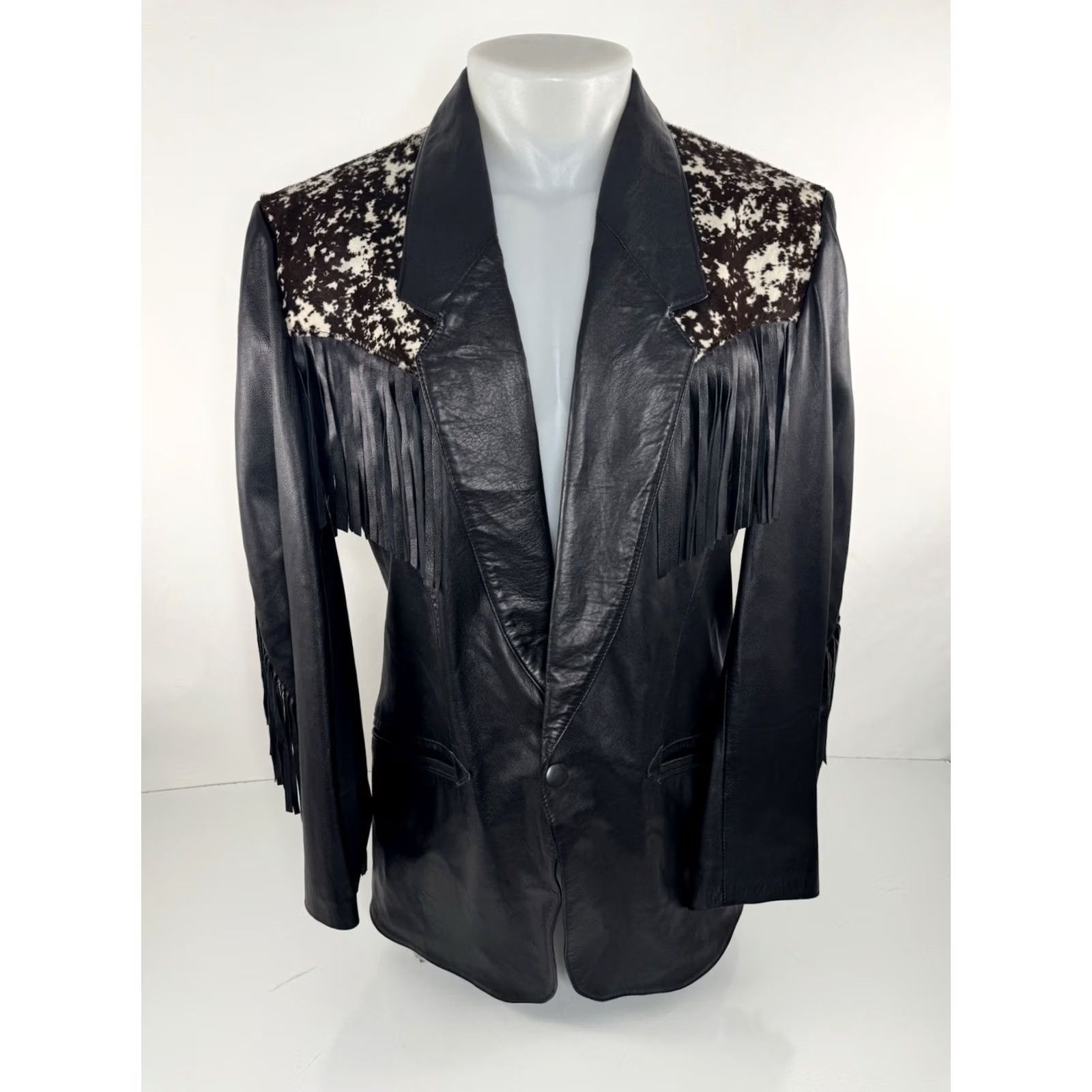 Vintage MICHAEL HOBAN Fringe LEATHER Western Cowhide 40 Blazer Jacket - EXCELLENT Size 40R - 2 Thumbnail