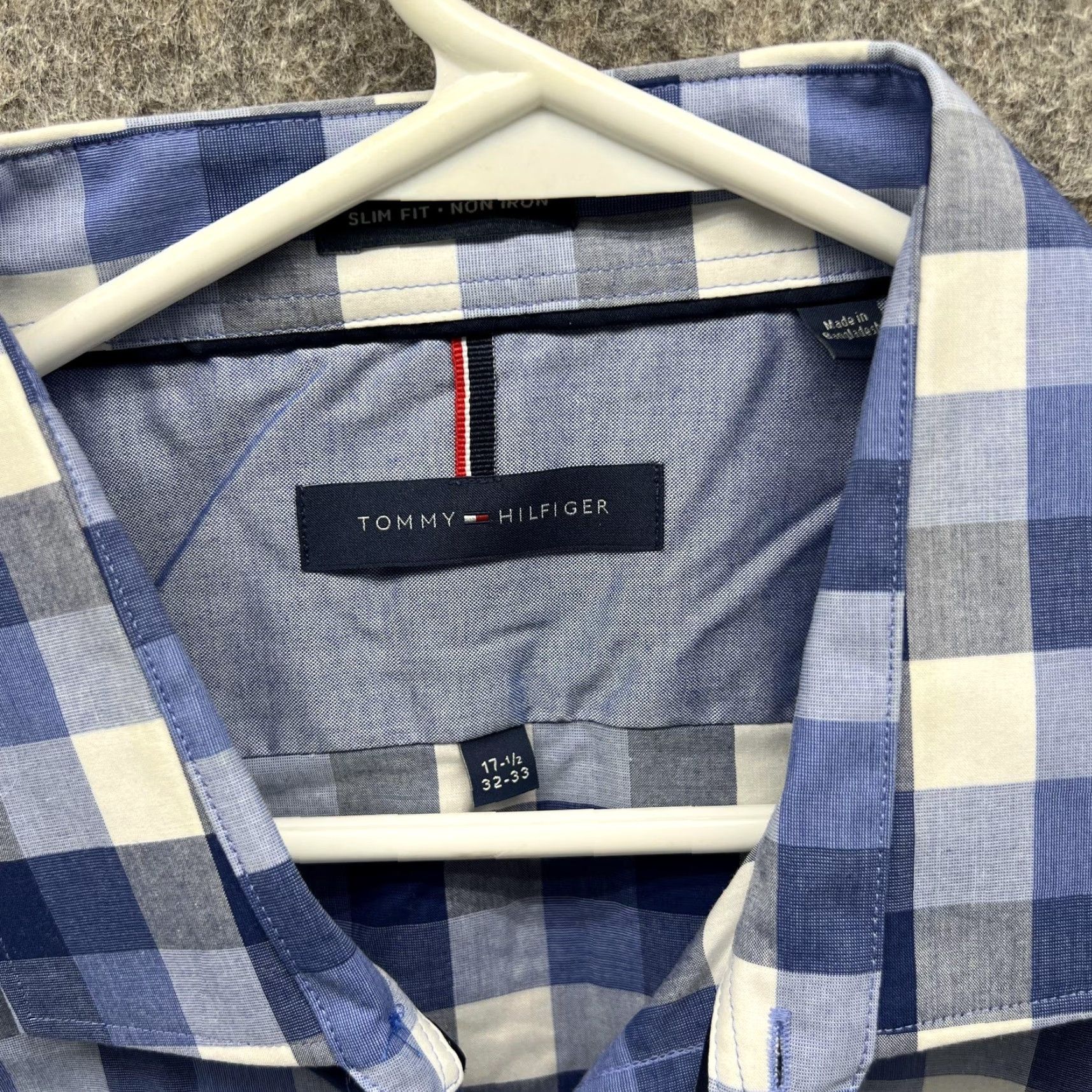 Tommy Hilfiger Tommy Hilfiger Dress Shirt Mens 17.5 32/33 Blue Check Slim Non Iron Long Sleeve Shirt Mens Size 48R - 2 Thumbnail