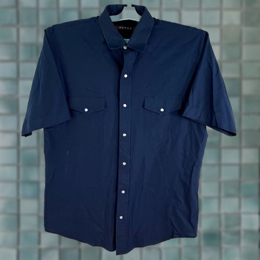 Roper Roper Shirt Western Pearl-Snap Short Sleeve Mens L Blue Collared Pocket Embroidered Cotton Blend 46 in Chest Men’s Reg Fit 70s Western Theme Size US L / EU 52-54 / 3 - 1 Thumbnail