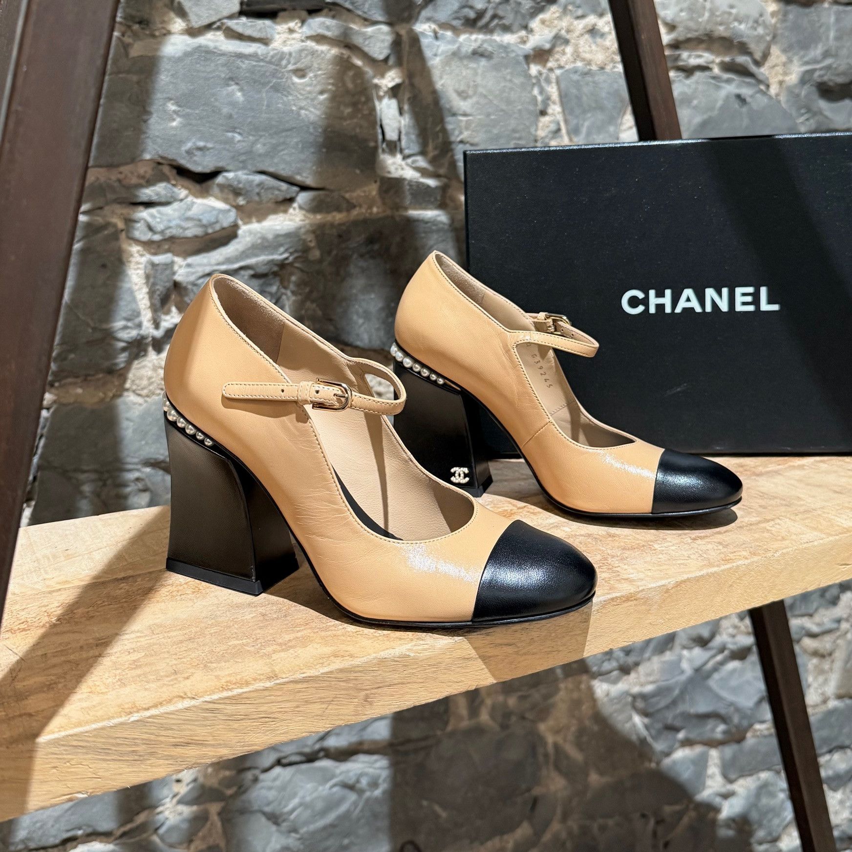 Chanel Chanel 2022 Beige Black Pearl CC Heeled Mary Jane Pumps Size US 6 / IT 36 - 1 Thumbnail