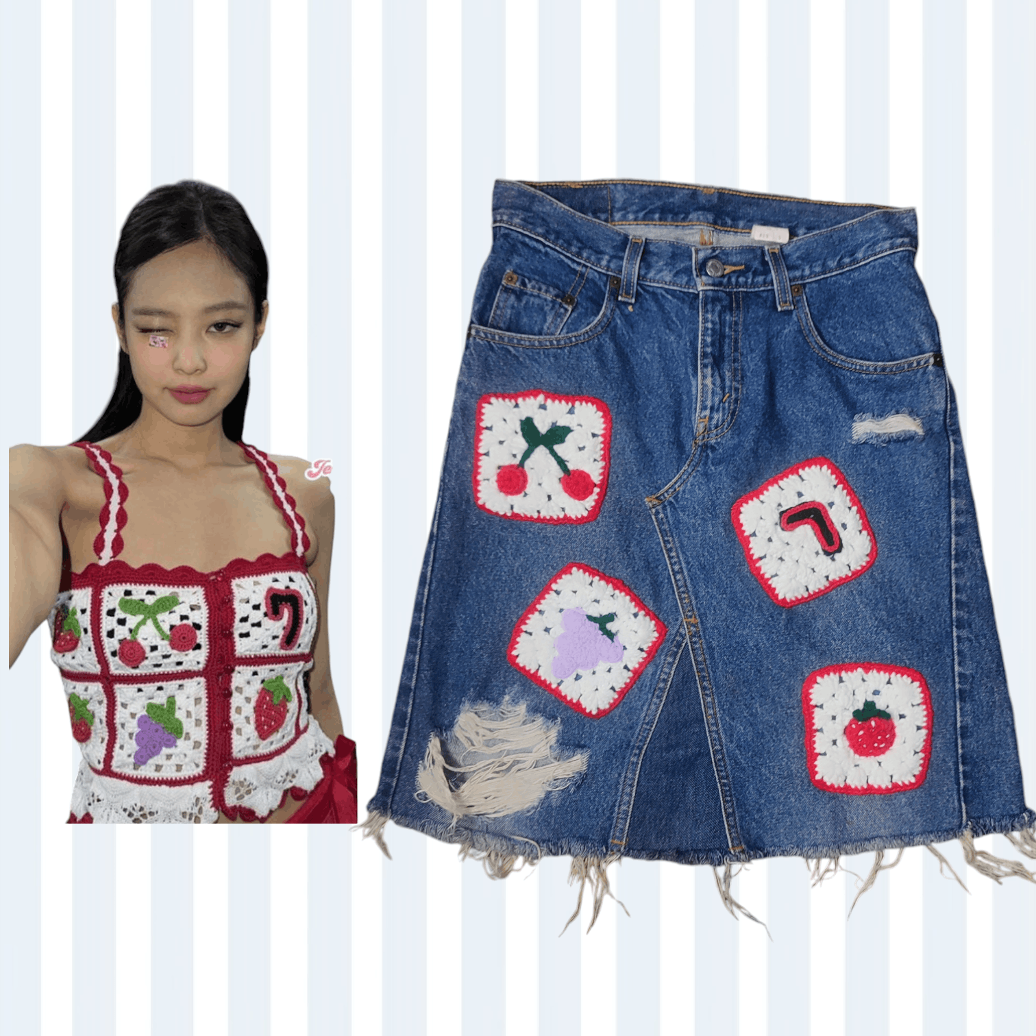 Midi skirt Levi's custom made Granny Square crochet patches