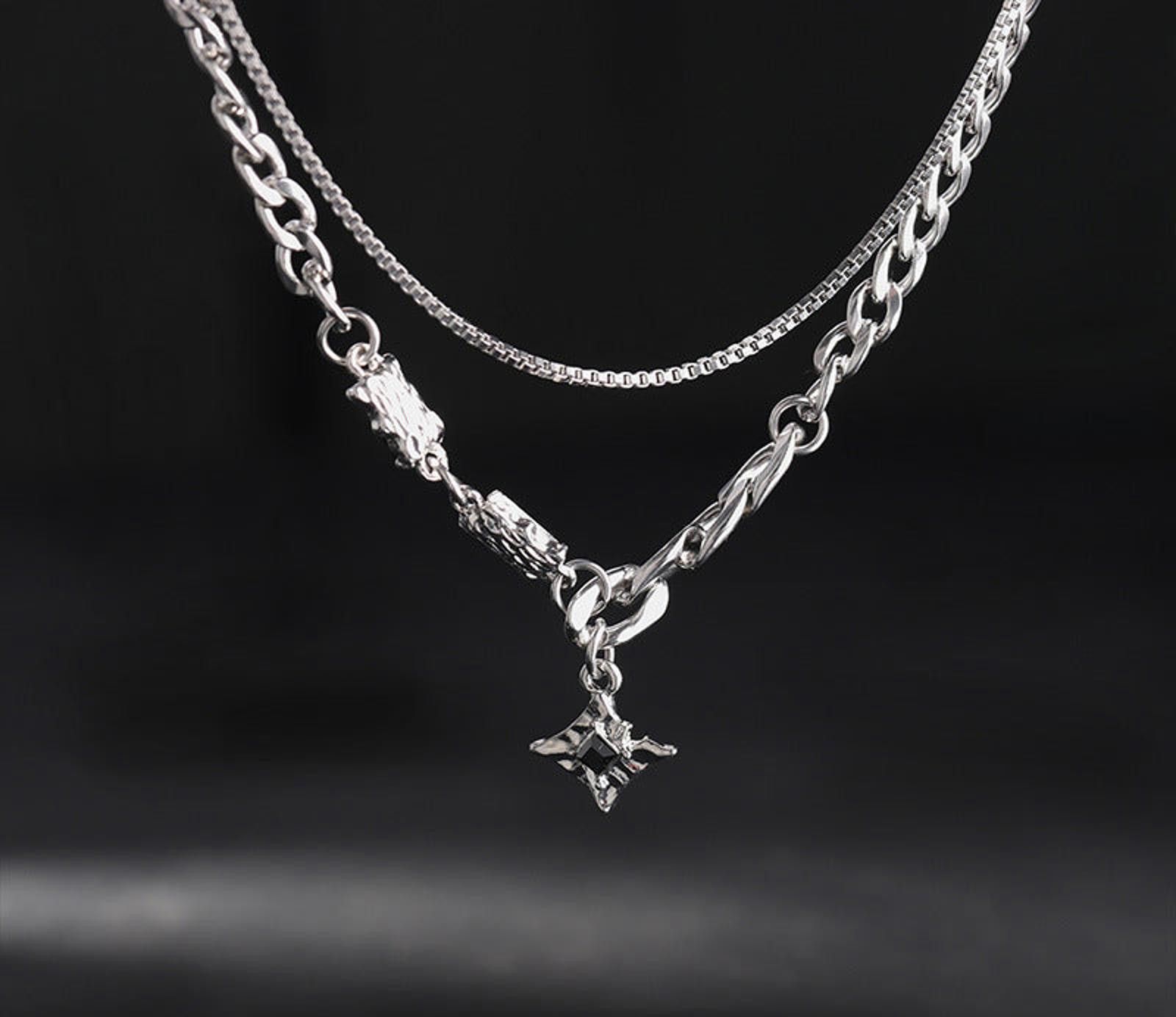 Jewelry Silver Layered Chain Necklace with Black Gem Pendant Size ONE SIZE - 2 Thumbnail