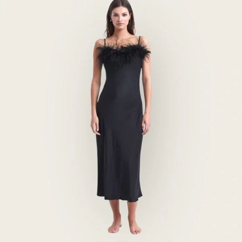 Sleeper NWT Sleeper Boheme black midi slip dress feather trim Size XS / US 0-2 / IT 36-38 - 1 Thumbnail