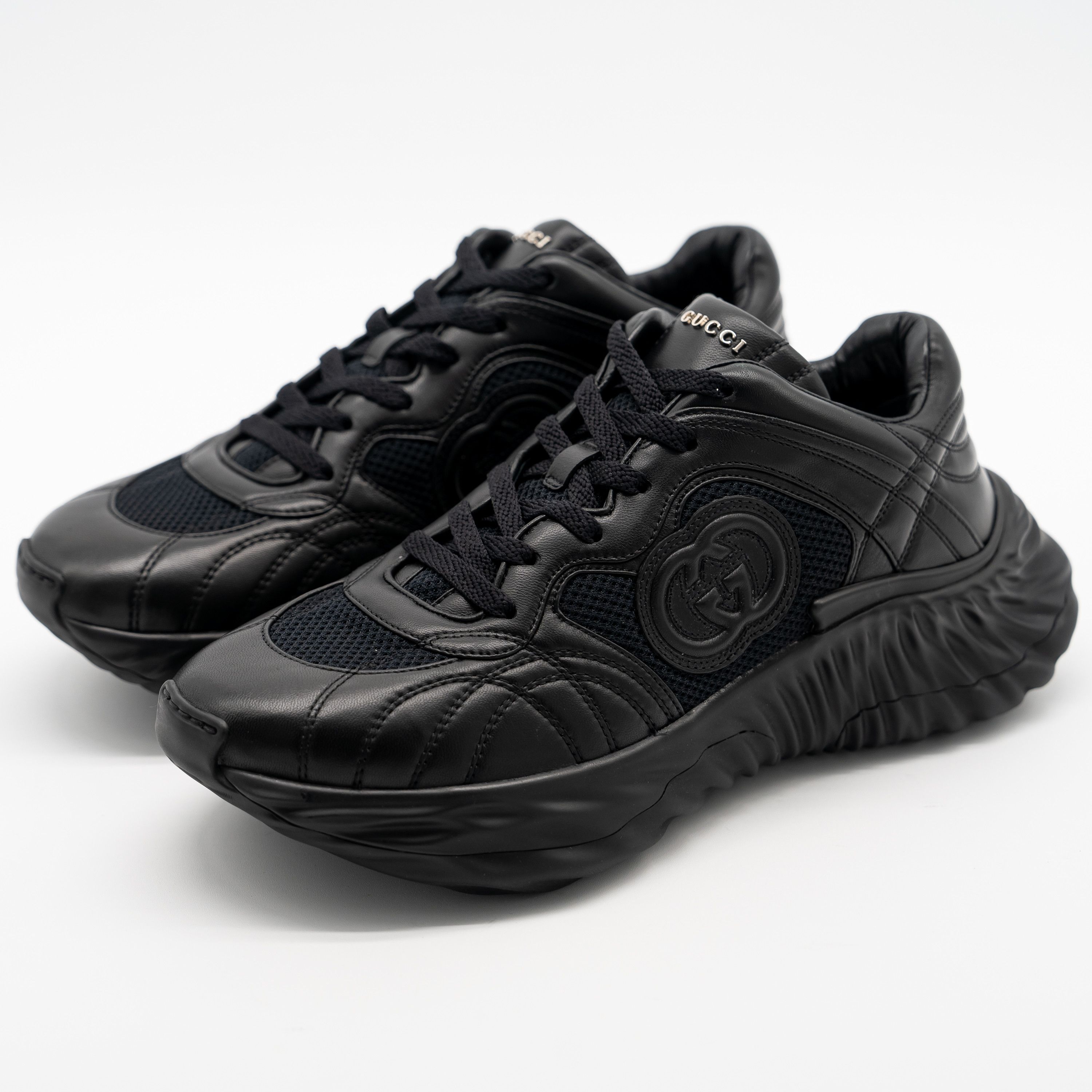 Gucci 40G 10 US Gucci Ripple Sneakers Triple Black Leather GG Size US 10 / IT 40 - 1 Thumbnail