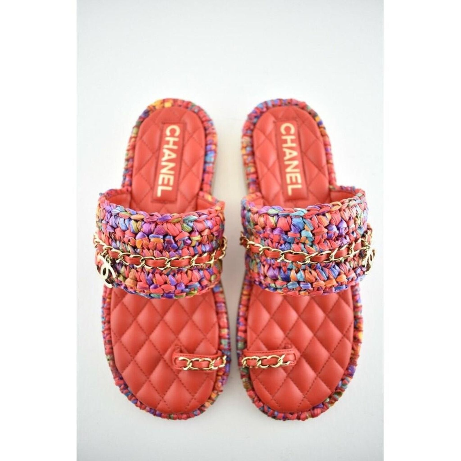 Chanel Chanel 20S Red Blue Purple Raffia Tweed CC Logo Mule Size US 6 / IT 36 - 8 Thumbnail