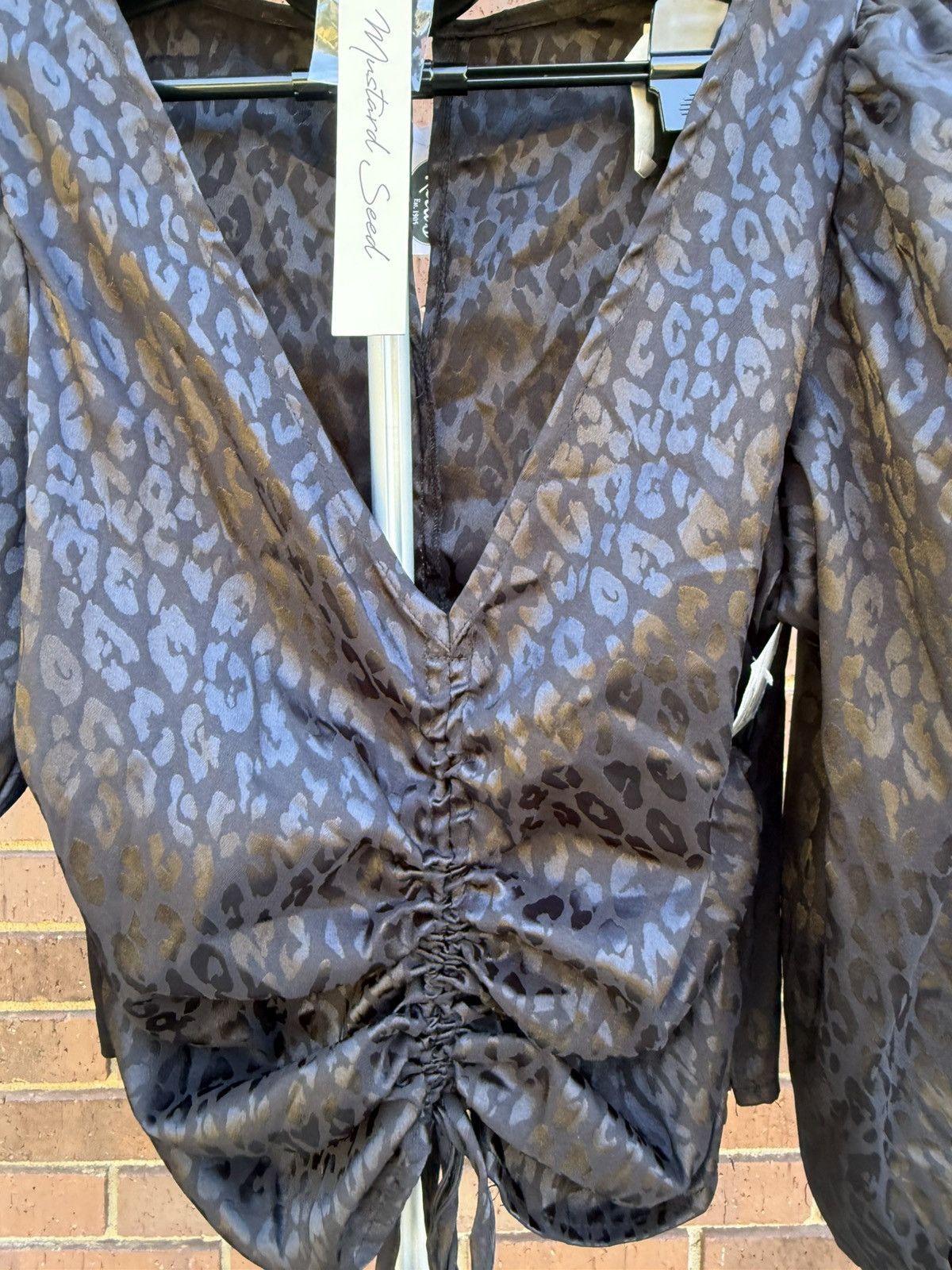 Other Mustard Seed Satin Top Black Cheetah Leopard V Neck Size L / US 10 / IT 46 - 2 Thumbnail