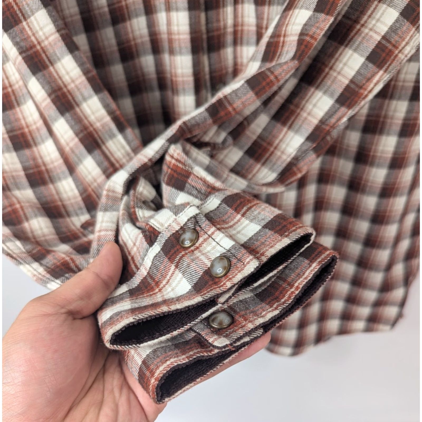 Vintage Moonshine Spirit by Brad Paisley Shirt Long Sleeve Button-Up Flannel Brown Beige Cotton Plaid Snap Pockets Cowboy Western Cowboy Mens L Size US L / EU 52-54 / 3 - 3 Thumbnail