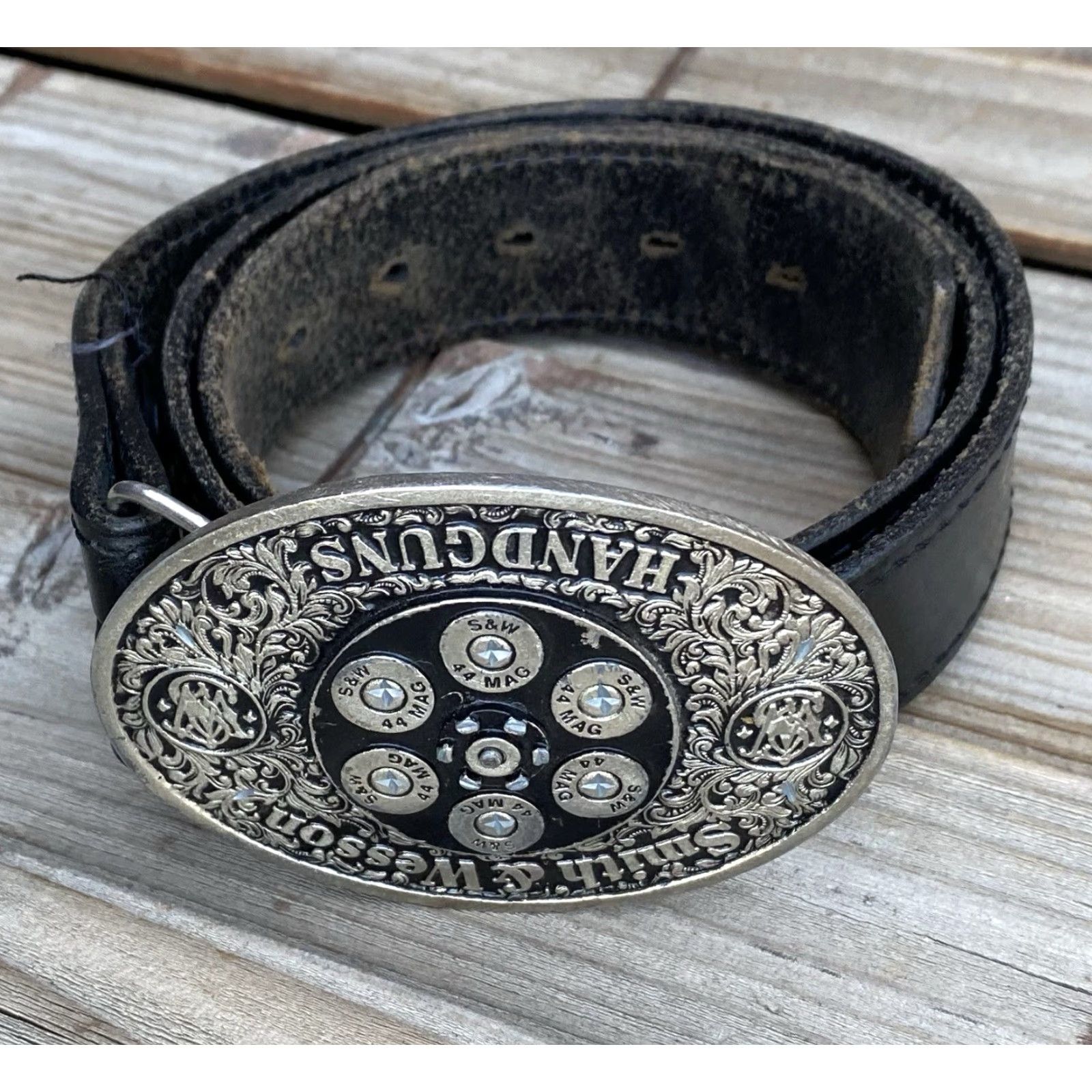 Vintage Vintage Smith & Wesson Handguns .44 Mag Belt Buckle w/ Leather Belt 36 USA Size ONE SIZE - 5 Thumbnail