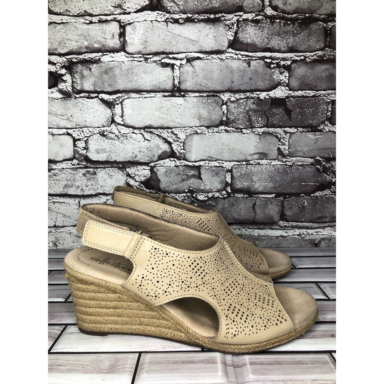 Clarks Clarks Beige Leather Perforated Strap Espadrilles Wedge Sand Size US 8.5 / IT 38.5 - 3 Thumbnail