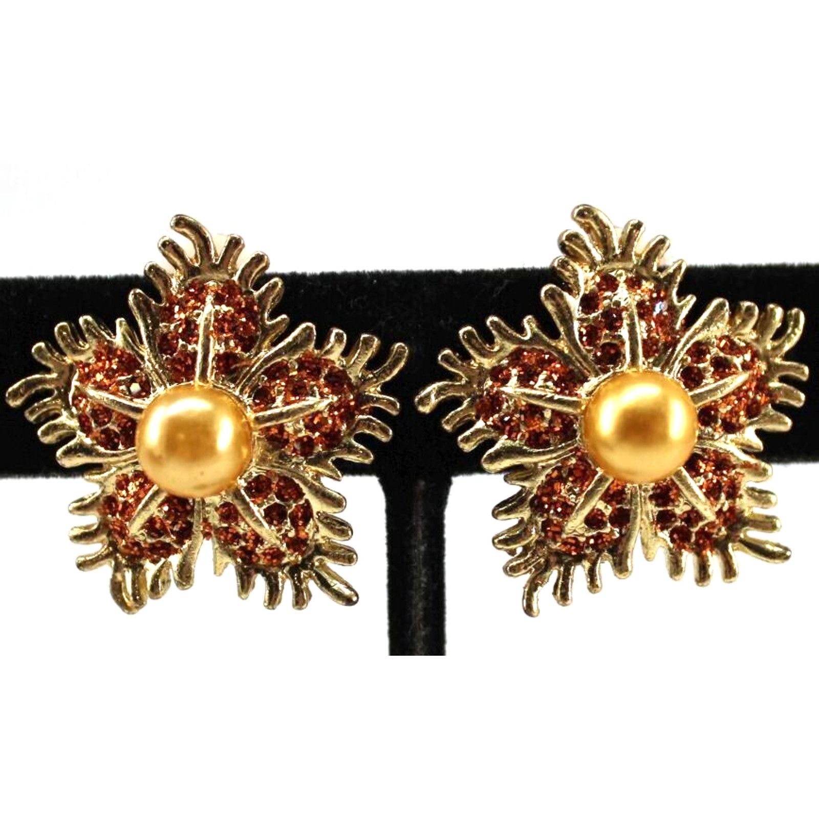 Other Orange Rhinestone Faux Golden Pearl Earrings • 1" • Clip On Size ONE SIZE - 3 Thumbnail