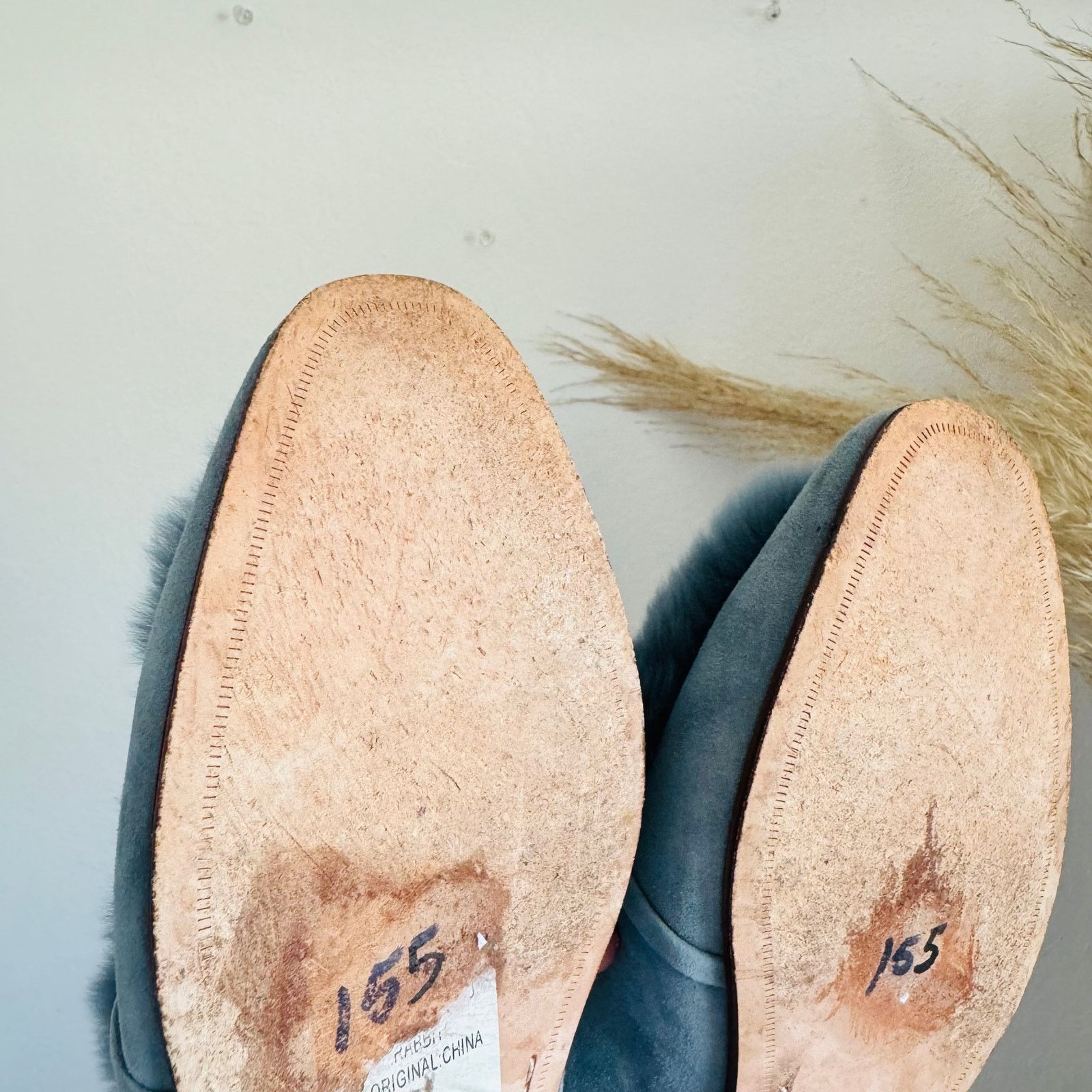 AD Blue Grey Rabbit Fur Flats Toe Bow Slides Mules Shoes 7.5