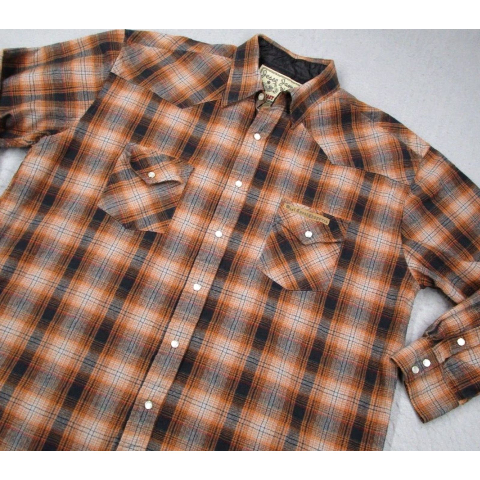 West Coast Choppers Jesse James Flannel Shirt Men's XL Brown Long Sleeve Button Up Pearl Snap Western Style Size US XL / EU 56 / 4 - 2 Thumbnail