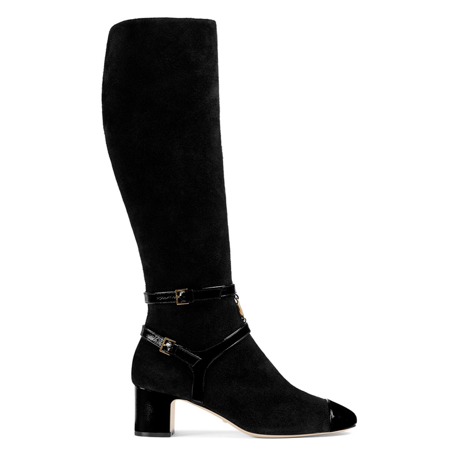 Gucci Geraldine 55 Black Suede Patent GG Gold Logo Low