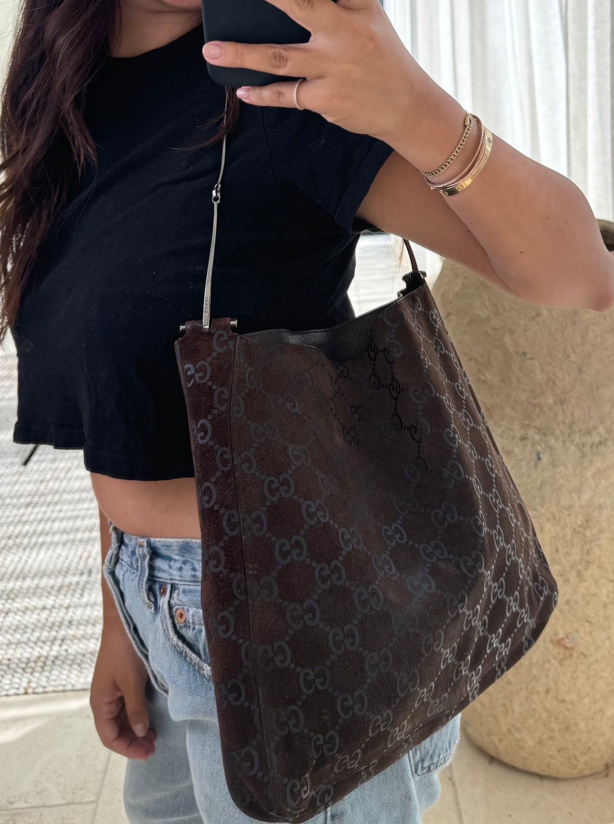 Gucci × Tom Ford GUCCI TOM FORD BROWN SUEDE GG HOBO BAG