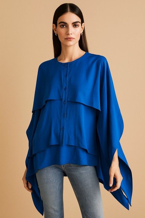 Prabal Gurung Blue Asymmetrical Button Down Blouse Draped Sleeve Size M / US 6-8 / IT 42-44 - 1 Thumbnail