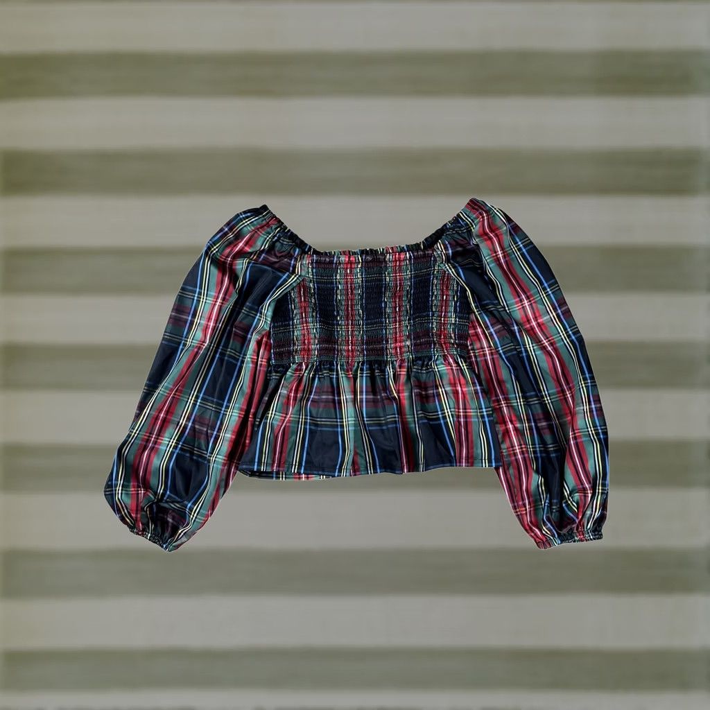 J.Crew J.CREW Blouse Womens M Multicolor Cropped Off the Shoulder Balloon Sleeve Plaid Size M / US 6-8 / IT 42-44 - 1 Thumbnail