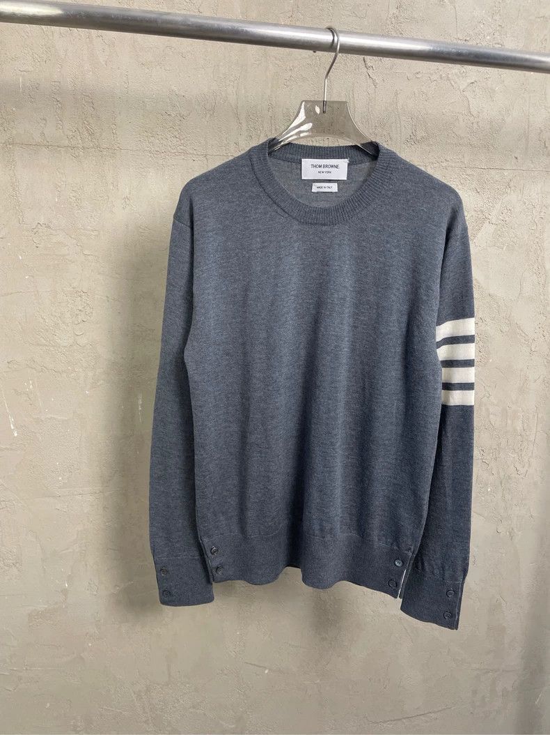Thom Browne Thom Browne Gray four-striped wool round-neck sweater 2505- Size US M / EU 48-50 / 2 - 1 Thumbnail