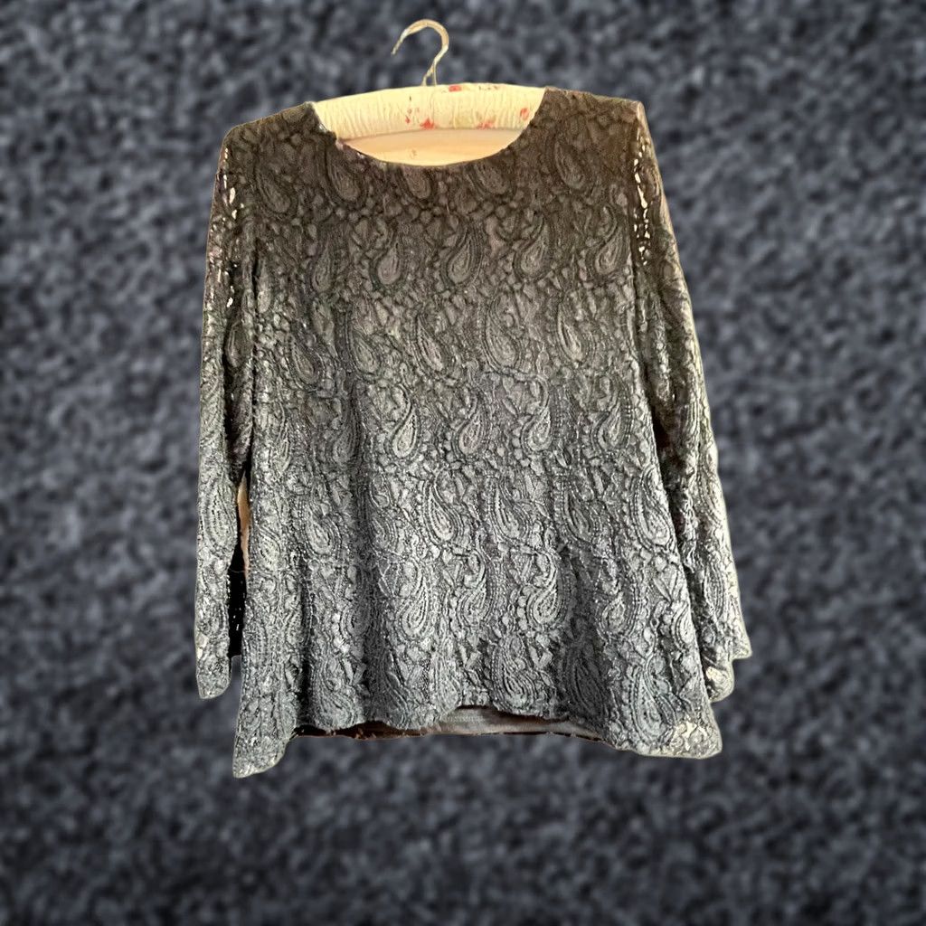 Vintage TravelSmith Womens Round Neck Long Sleeve Paisley Textured Lace Top Black Large Size L / US 10 / IT 46 - 1 Thumbnail