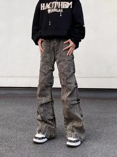 Japanese Brand × Jean Vintage washed pleated bootcut denim trousers Size US 34 / EU 50 - 4 Thumbnail