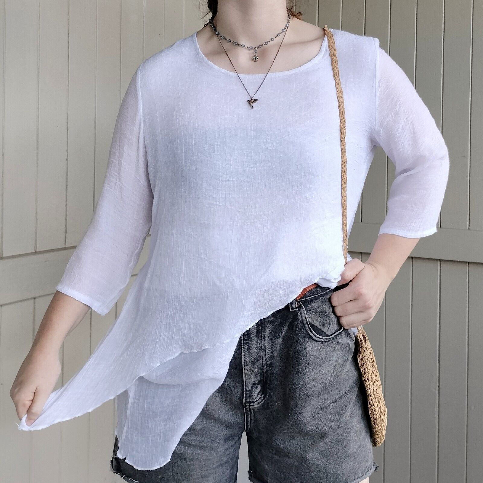 Designer Lilia Tunic Top White Linen Cotton Ethereal Size L / US 10 / IT 46 - 3 Thumbnail
