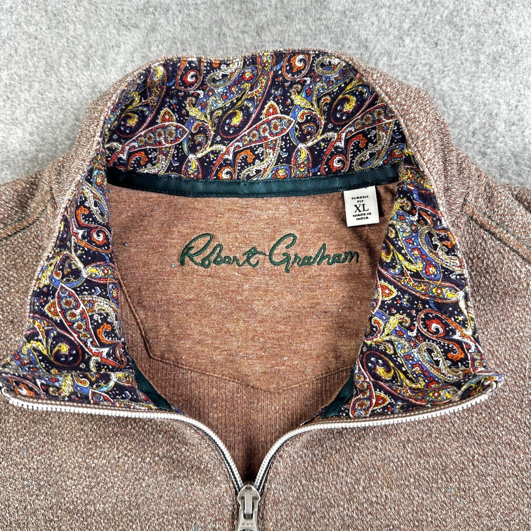 Robert Graham Robert Graham Sweater Mens XL Brown 1/4 Zip Mock Neck Paisley Trim Pullover Size US XL / EU 56 / 4 - 2 Thumbnail