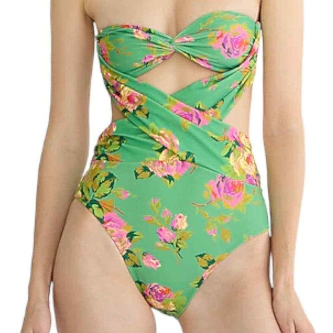 J.Crew J.Crew Green Floral Crisscross Cutout Bandeau One-piece, US0 Size ONE SIZE - 2 Thumbnail