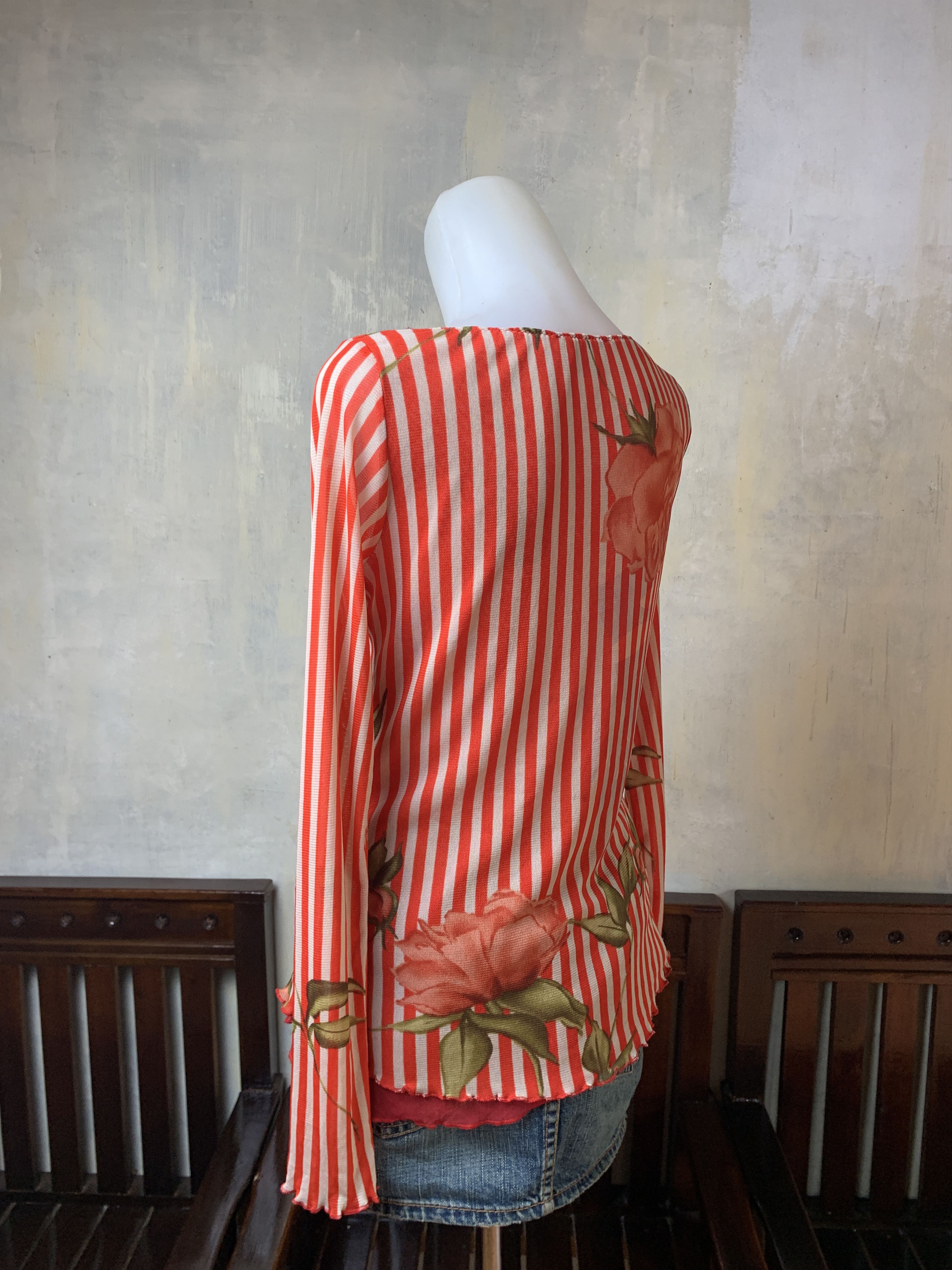 Japanese Brand Gil Italy Flower Stripes Mesh Top (M) Size M / US 6-8 / IT 42-44 - 3 Thumbnail