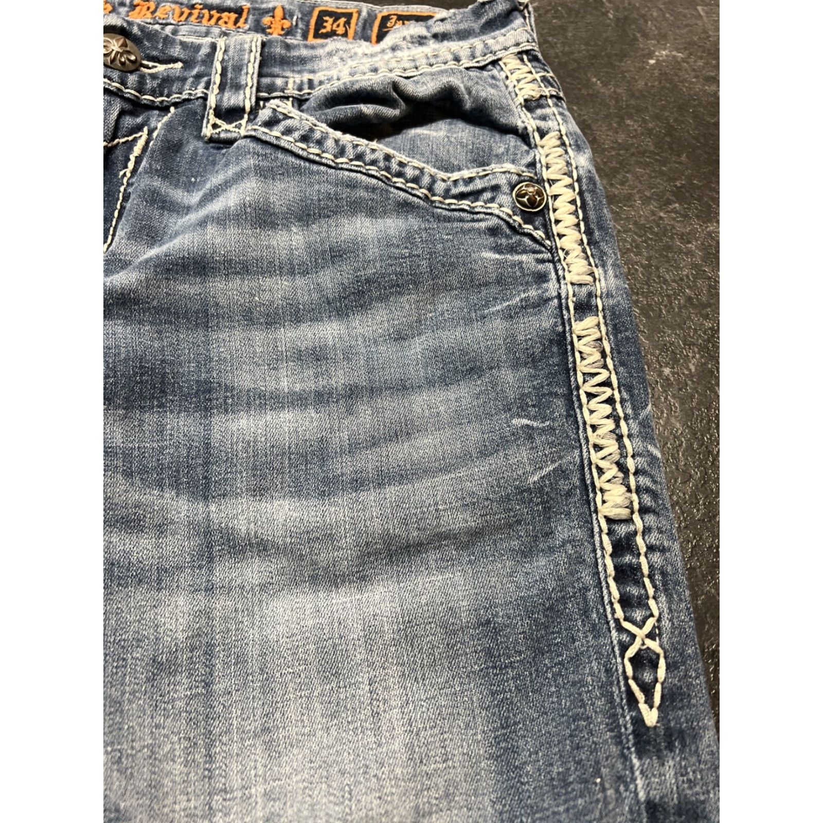 Vintage Rock Revival Jeans Mens 34x26 Jarrow Denim Boot Blue Thick Stitch Y2K Regular Rise 5-Pocket Mens Jeans Size US 34 / EU 50 - 7 Thumbnail