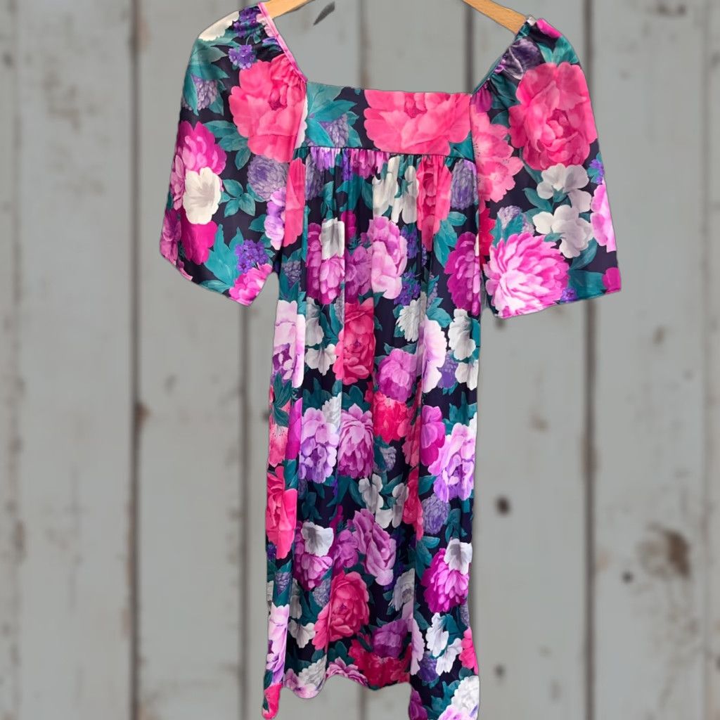 VINTAGE Granada Kaftan Mumu Dress Pink Tropical Floral Long L Women Multicolor Beach Swing