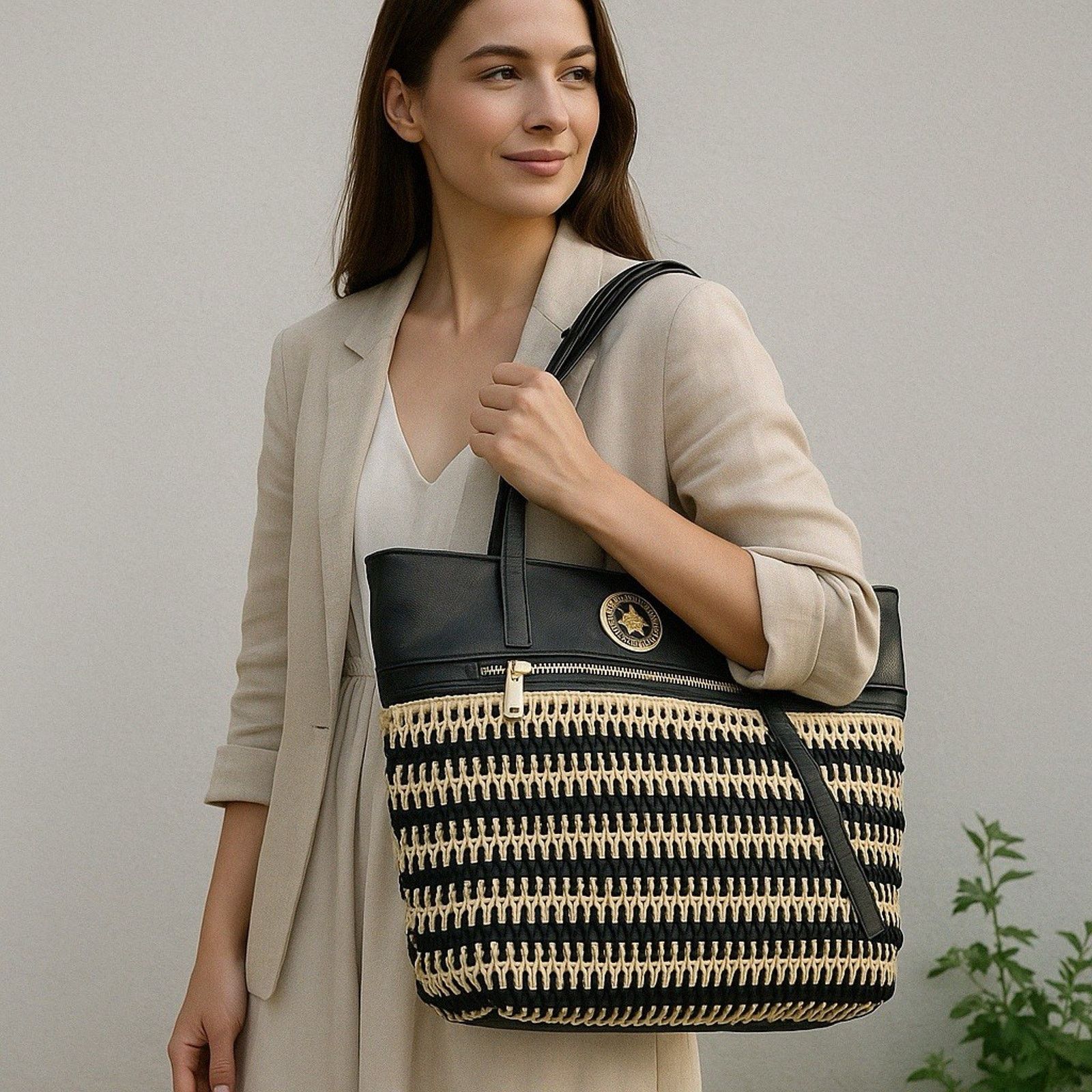Beverly Hills Polo Club Beverly Hills Polo Club Tan & Black Woven Tote Size ONE SIZE - 7 Thumbnail