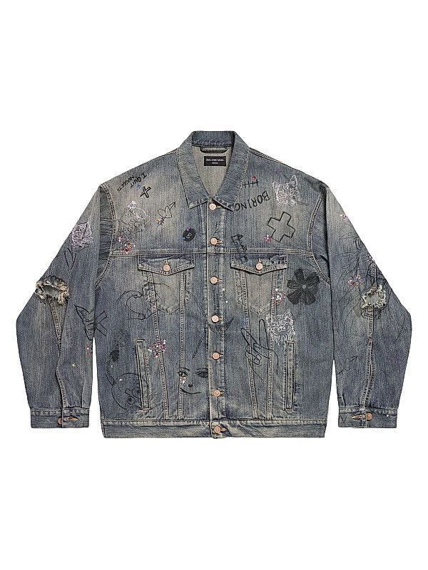 Balenciaga Balenciaga Rhinestones Scribble Denim Jacket Size US L / EU 52-54 / 3 - 1 Thumbnail