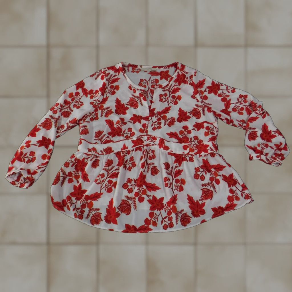 Ann Taylor Loft Blouse Womens 16 White Red Floral Long Sleeve Peplum Flowing Top Size XXL / US 16-18 / IT 52-54 - 1 Thumbnail