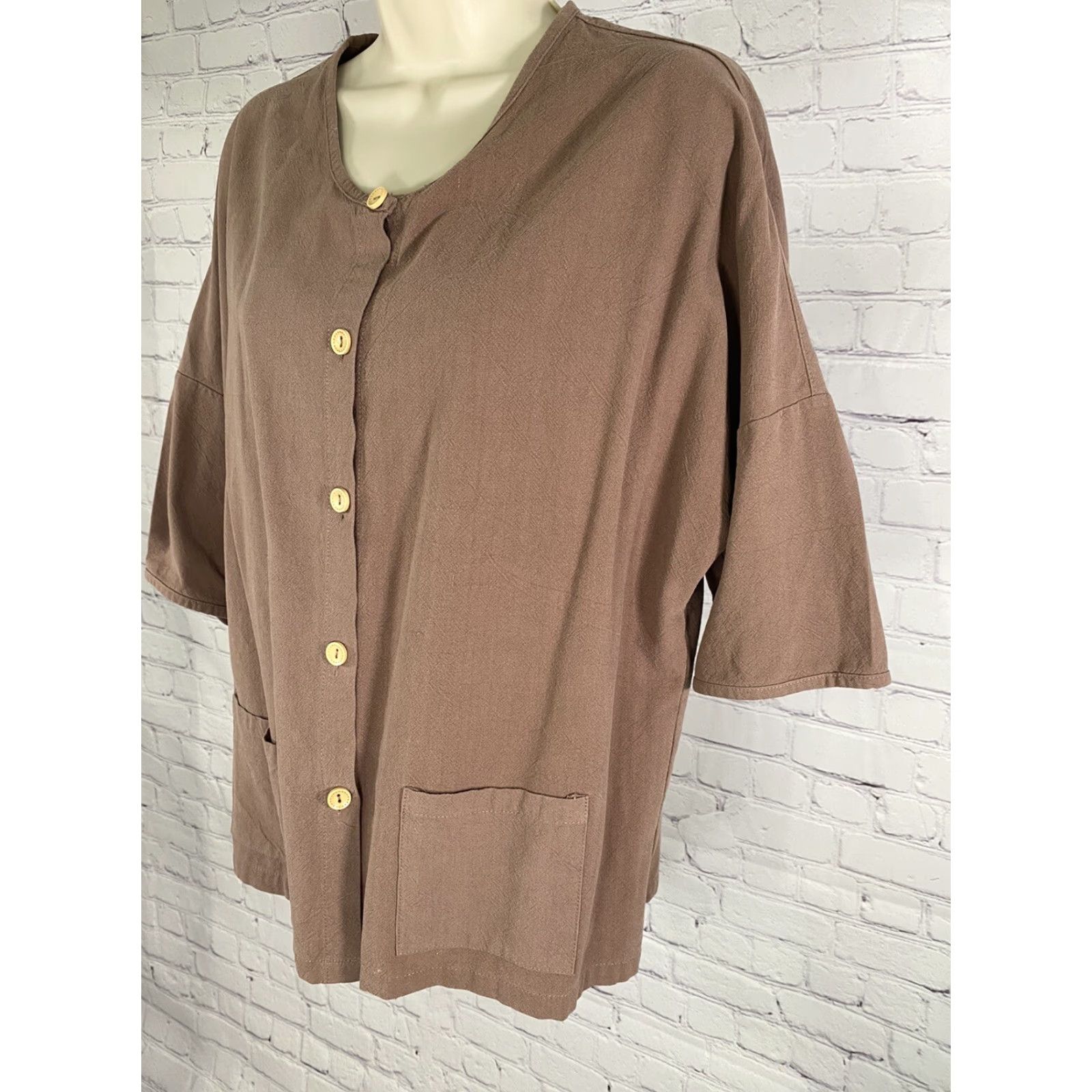 Vintage Ecupper Brown Short Sleeve Button-Up Pockets M Medium Shirt Women Regular Size 32" / US 10 / IT 46 - 3 Thumbnail