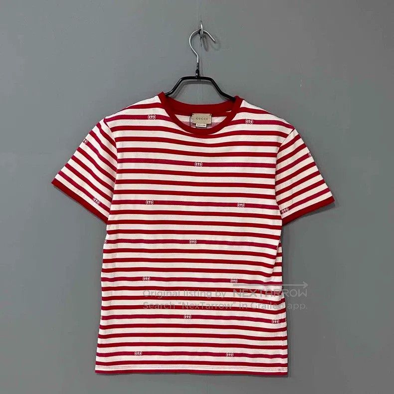 Gucci Gucci Size12 Red and white striped full print short sleeves Size L / US 10 / IT 46 - 1 Thumbnail