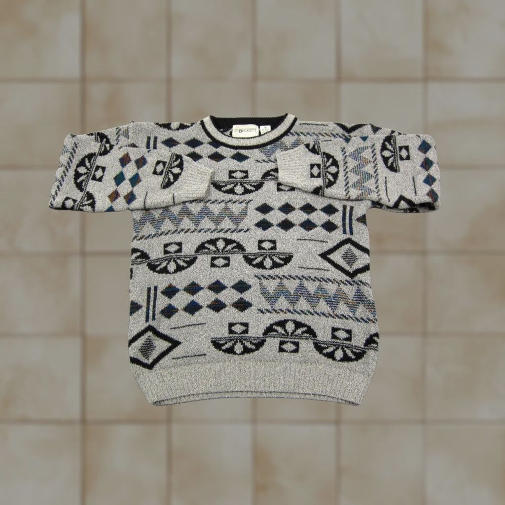 Vintage Vintage J.T Beckett Sweater Mens Adult Medium Gray 90s Pullover Crew Neck Knit Geometric Abstract Diamond Lightweight All Seasons Regular Fit Clothing Size US M / EU 48-50 / 2 - 1 Thumbnail