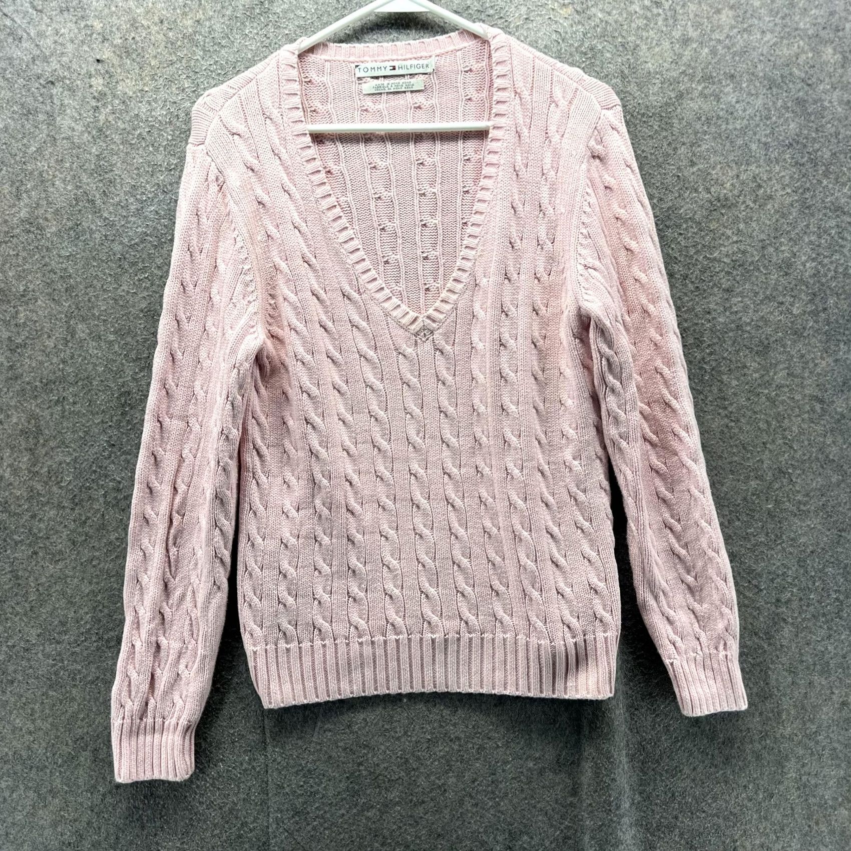 Tommy Hilfiger Tommy Hilfiger Sweater Womens Medium Pink Cable Knit V-Neck Pullover Cotton Size M / US 6-8 / IT 42-44 - 2 Thumbnail