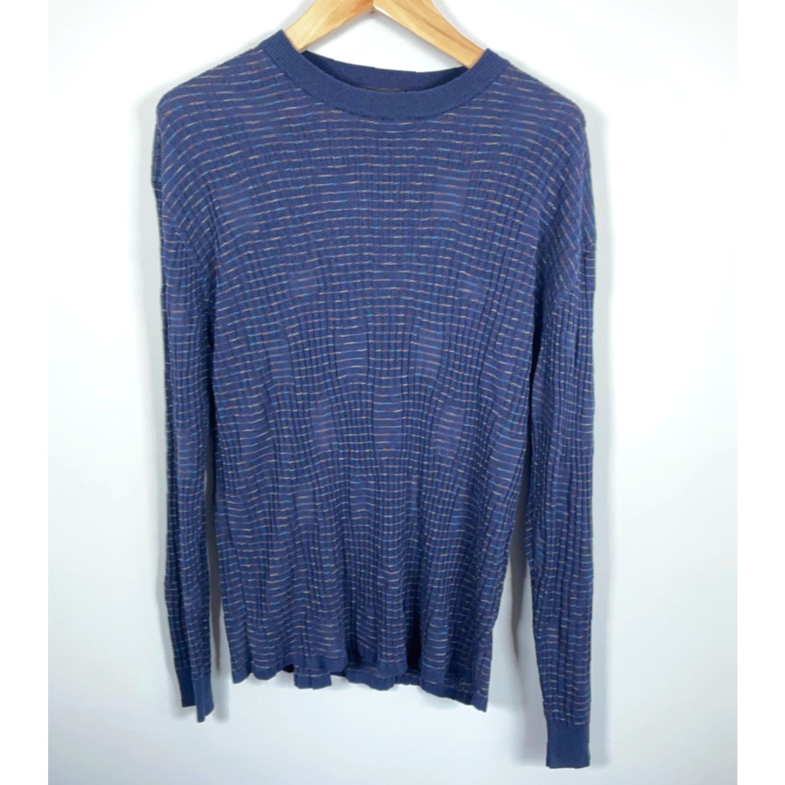 Vintage Jhane Barnes Silk Sweater Men's Large Blue Textured Check Lightweight Crewneck Pullover Knit Casual Long Sleeve Dry Clean Only Mens L Blue Silk-Blend Size US L / EU 52-54 / 3 - 2 Thumbnail