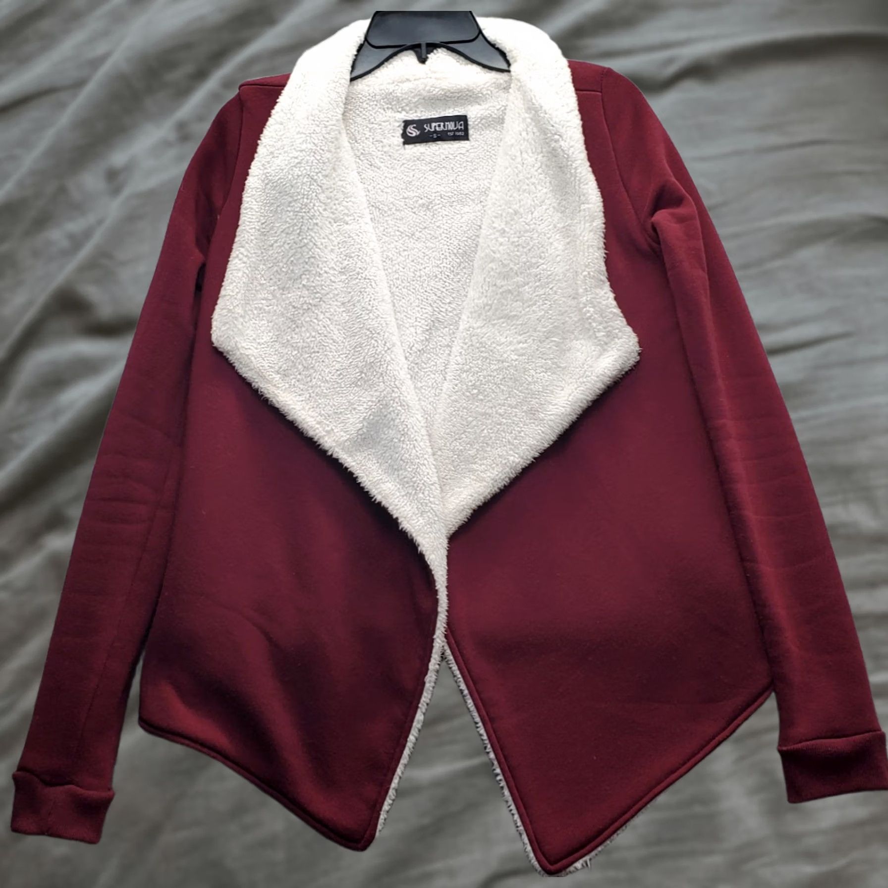 Vintage Supernova Cardigan Womens S Burgundy Sherpa Lined Shawl Collar Open Front Size S / US 4 / IT 40 - 1 Thumbnail