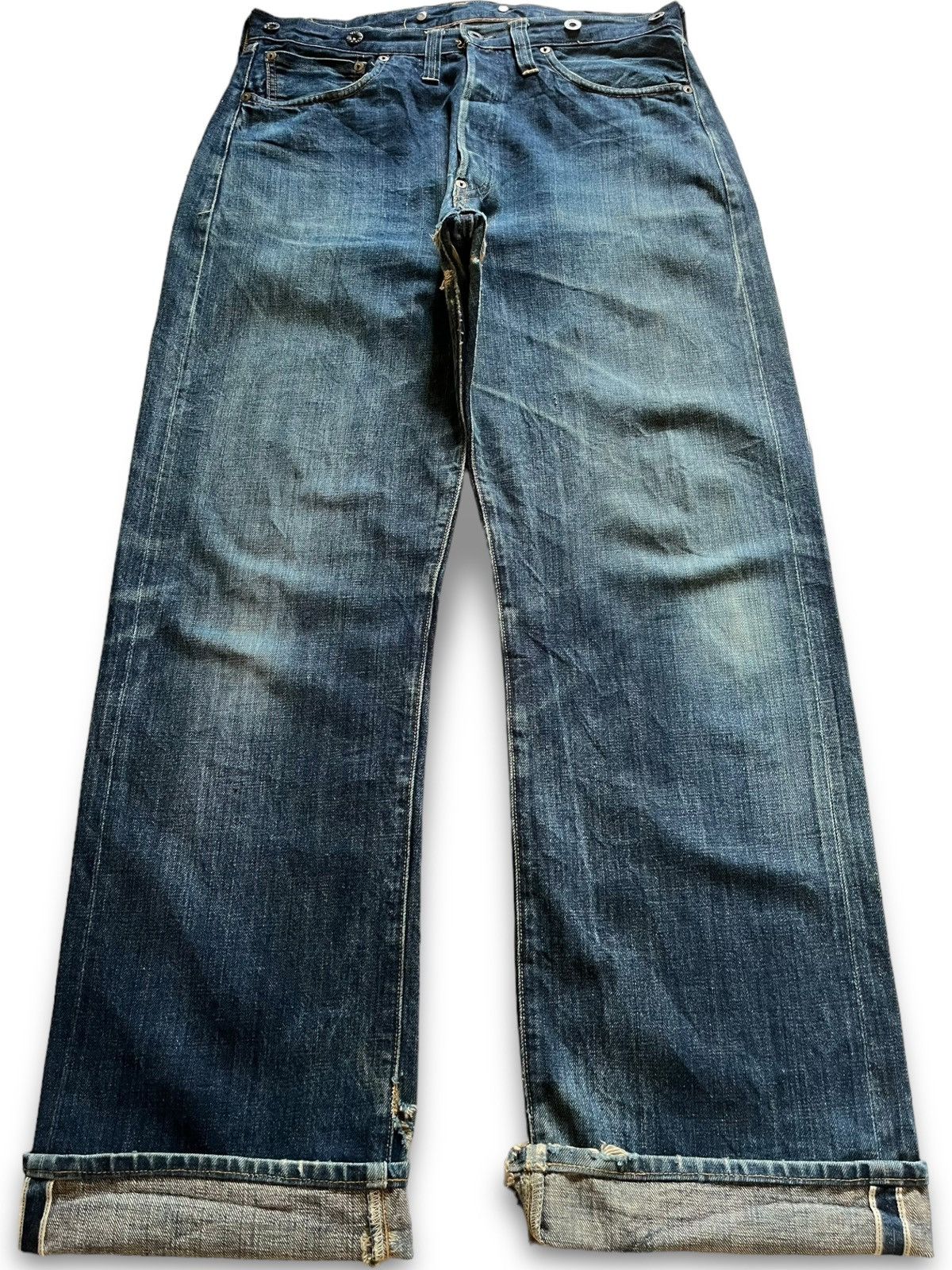 image of Vintage Levis 201 No2 Selvedge Buckled Distressed Jeans 555 in Blue, Men's (Size 34)