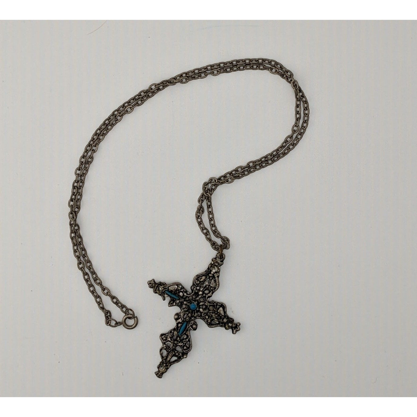 Other Vintage Gothic Ornate Silver Tone Cross Necklace With Blue S Size ONE SIZE - 2 Thumbnail