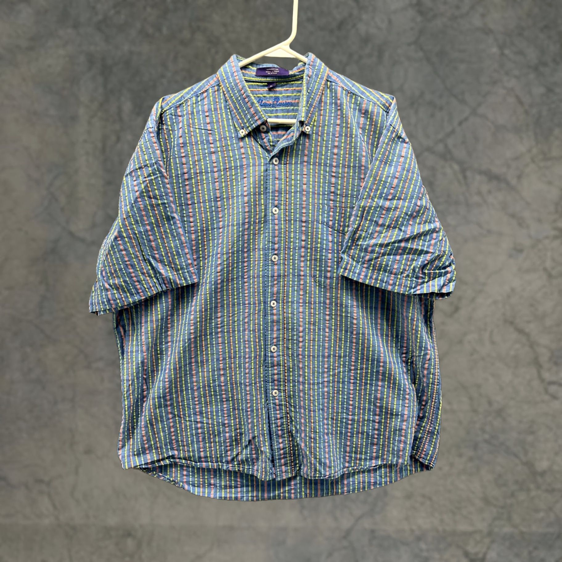 Vintage Alan Flusser Shirt Mens XL Blue Striped Short Sleeve Button Front Cotton Oxford Seersucker Casual Size US XL / EU 56 / 4 - 1 Thumbnail