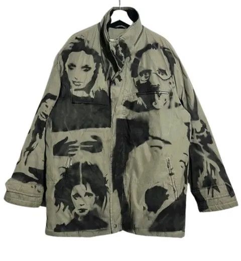 Vintage Avant Garde Khaki Jacket, Quirky Faces Print Y2K Unisex Size XL / US 12-14 / IT 48-50 - 3 Thumbnail