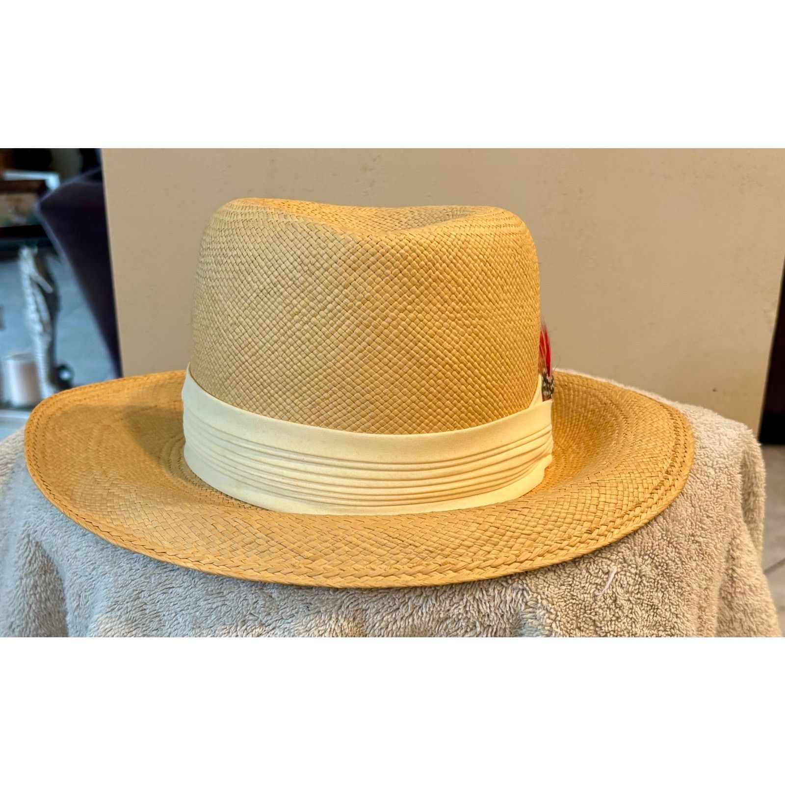 Vintage Vintage Styled By Coralie Straw Hat Feather Gambler Fedora Size ONE SIZE - 3 Thumbnail