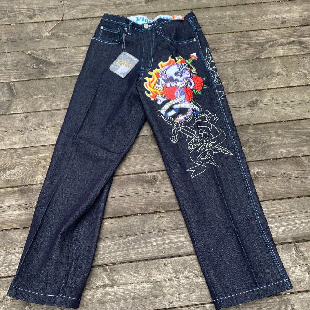 Japanese Brand × Vintage Vintage Y2K Embroidered Raw Blue Vindication Jeans Size 32 Size US 32 / EU 48 - 6 Thumbnail