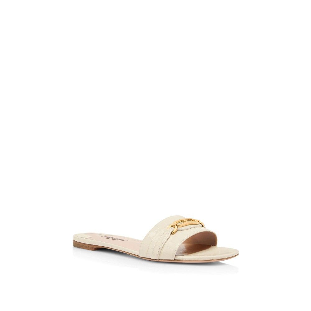 Tom Ford o1loc1c0225 W3526 Croco Effect Leather Slides in White Size US 8.5 / IT 38.5 - 2 Thumbnail