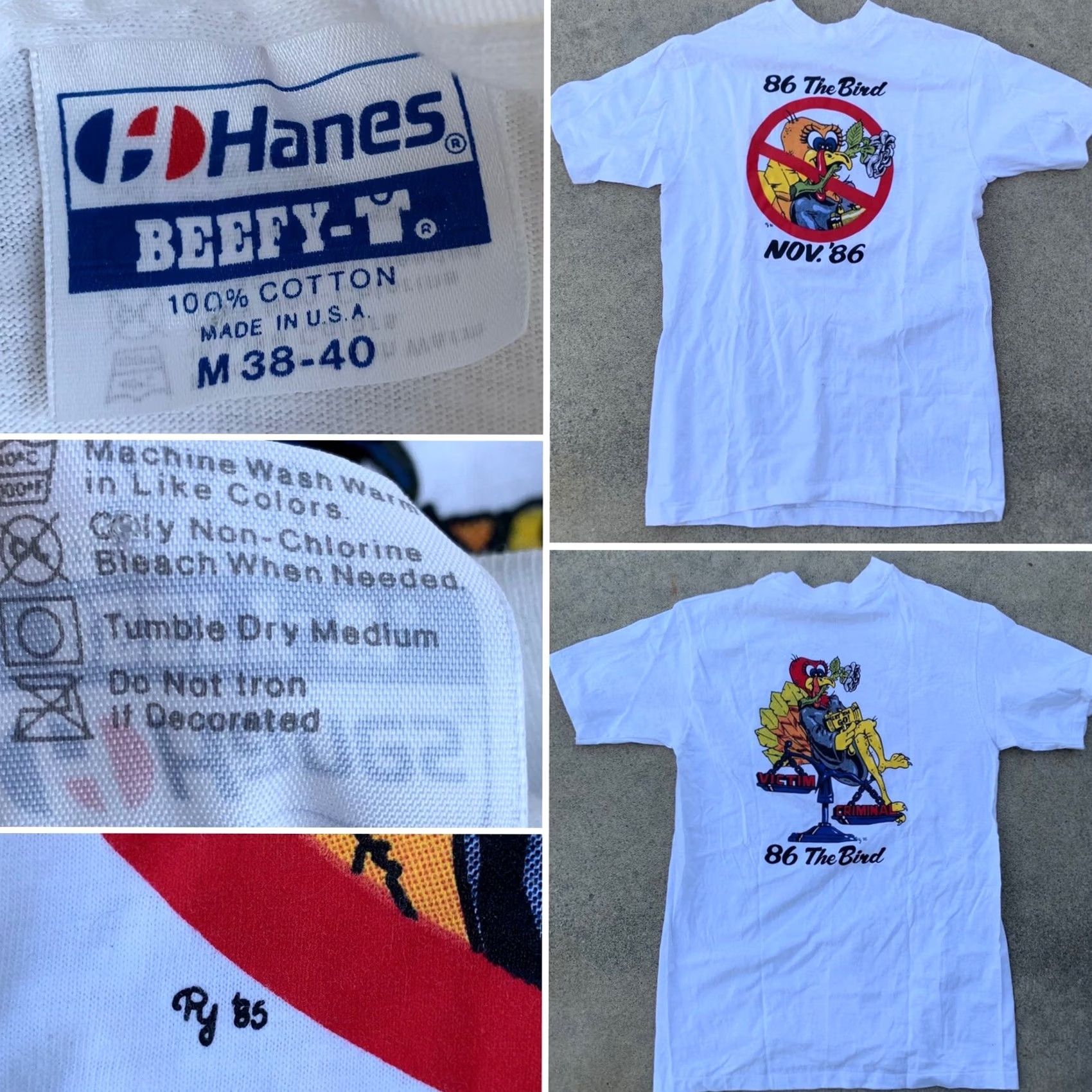 Hanes VINTAGE Hanes 86 The Bird Nov. ‘86 LET ‘EM GO! VICTIM CRIMINAL T Shirt M White 100% Cotton Short Sleeve Graphic Tee Mens Vintage 1980s Size US M / EU 48-50 / 2 - 4 Thumbnail