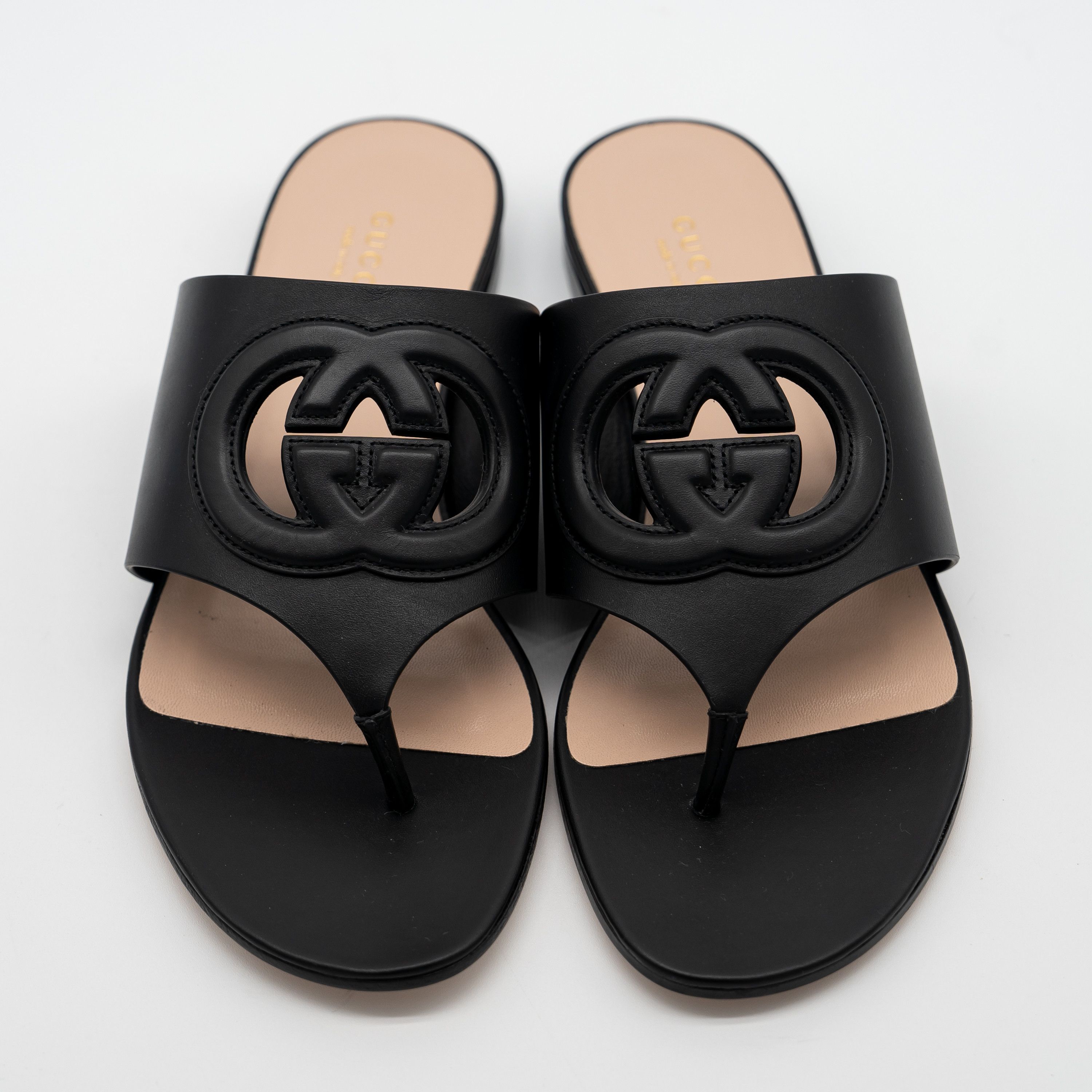 Gucci 39.5G Gucci Thong Sandals Black Cut Out GG Flats Leather Size US 9.5 / IT 39.5 - 3 Thumbnail