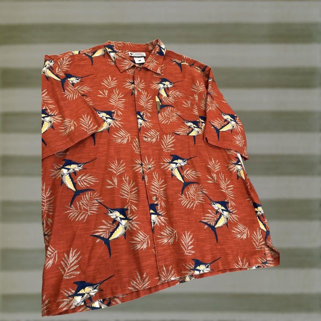 Vintage Columbia Mens Button Shirt L Orange Short Sleeve Hawaiian Fish Marlin Swordfish Size US L / EU 52-54 / 3 - 1 Thumbnail