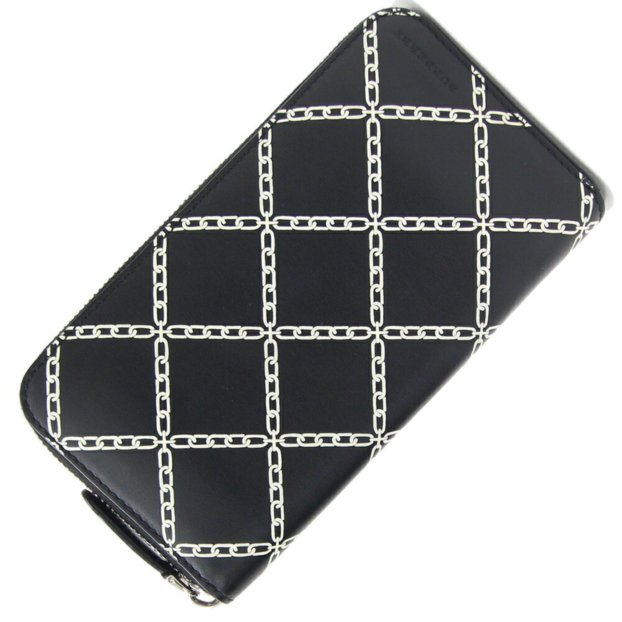 image of Burberry Round Long Wallet Black White Leather Link Print Chain Men Women Burberry