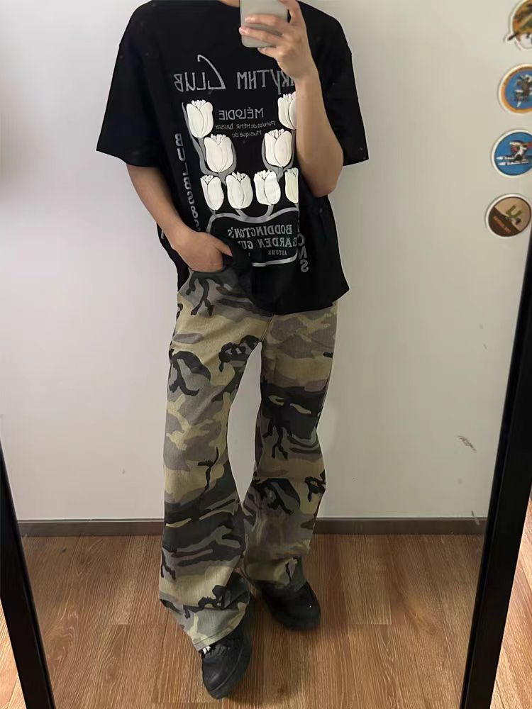 Straight leg camouflage washed vintage casual jeans